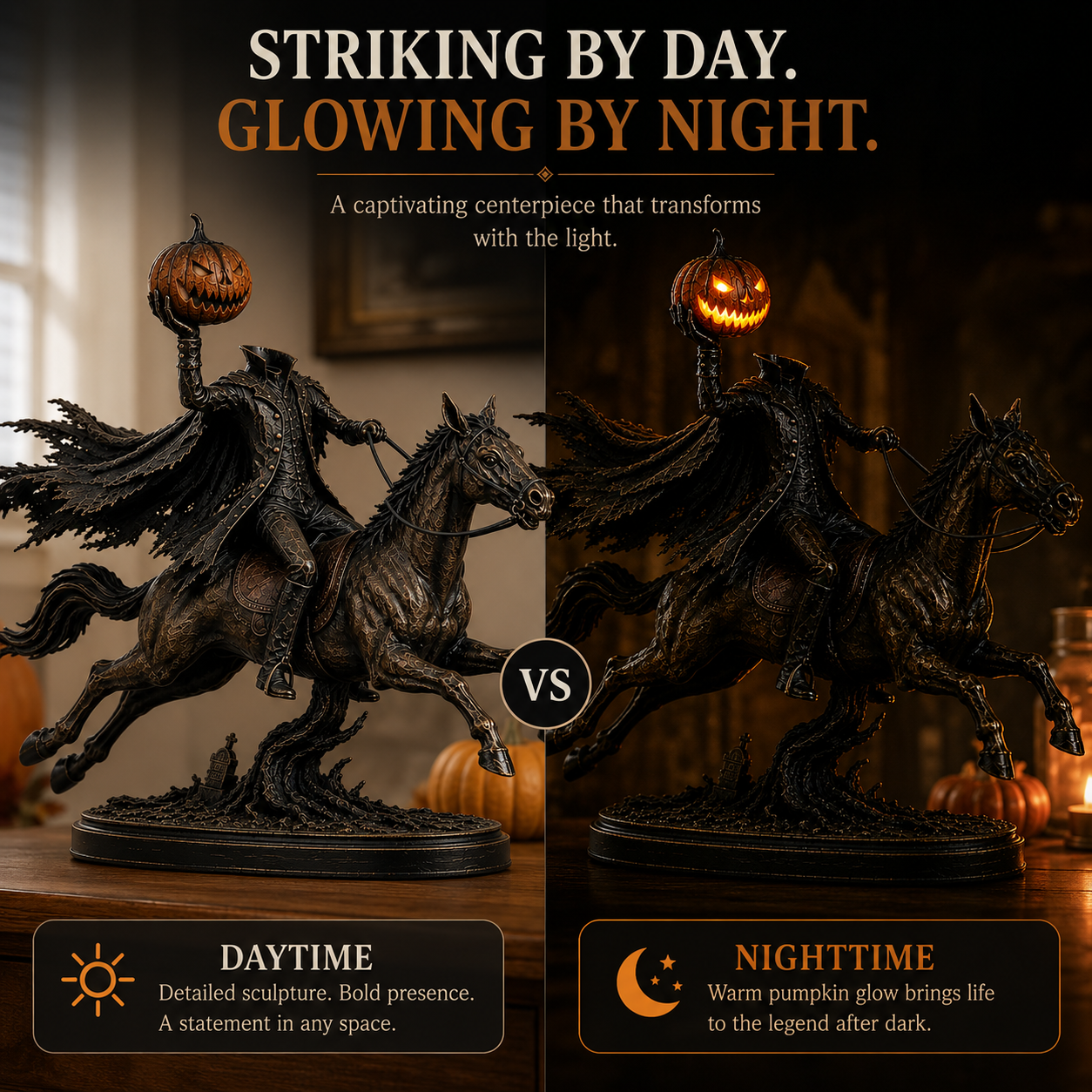 🎃 HOT SALE | Lighted Headless Horseman Statue – LED Pumpkin Halloween Decor for Mantel, Desk & Home
