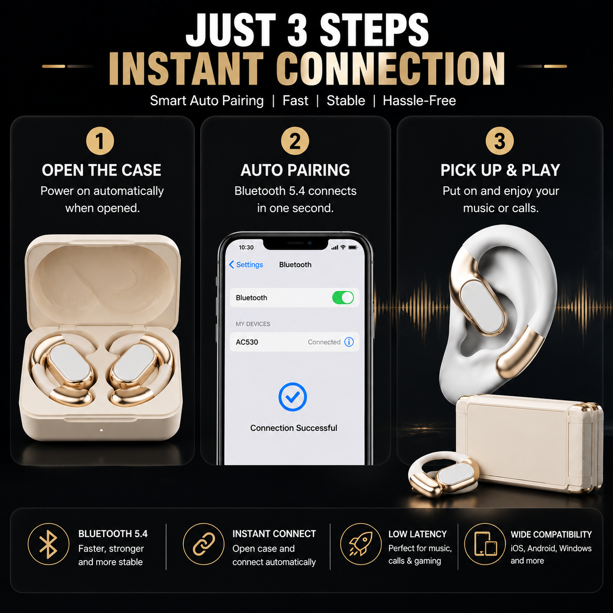 🎧 AC530 Open-Ear Headset | 165H Battery, Bluetooth 6.0, Ultra Comfort Wireless Earbuds