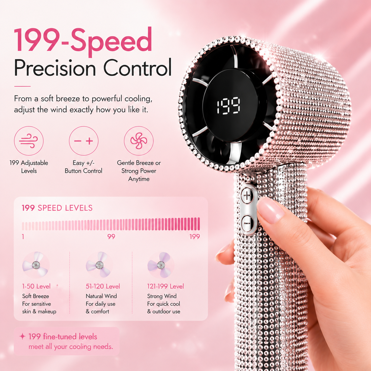 Crystal Rhinestone Portable Fan – 199-Speed Rechargeable Handheld Cooling Fan