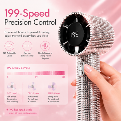 Crystal Rhinestone Portable Fan – 199-Speed Rechargeable Handheld Cooling Fan