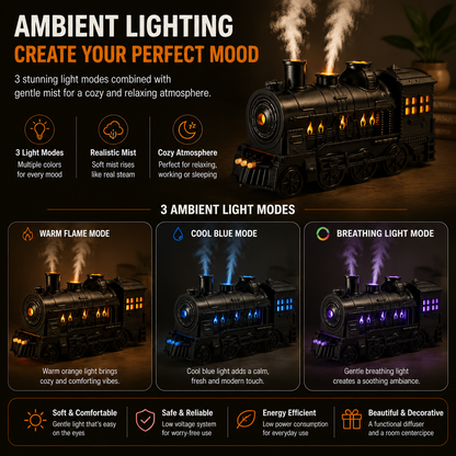 🚂 Retro Train Aroma Diffuser – 300ml Mist Humidifier With Ambient Lights