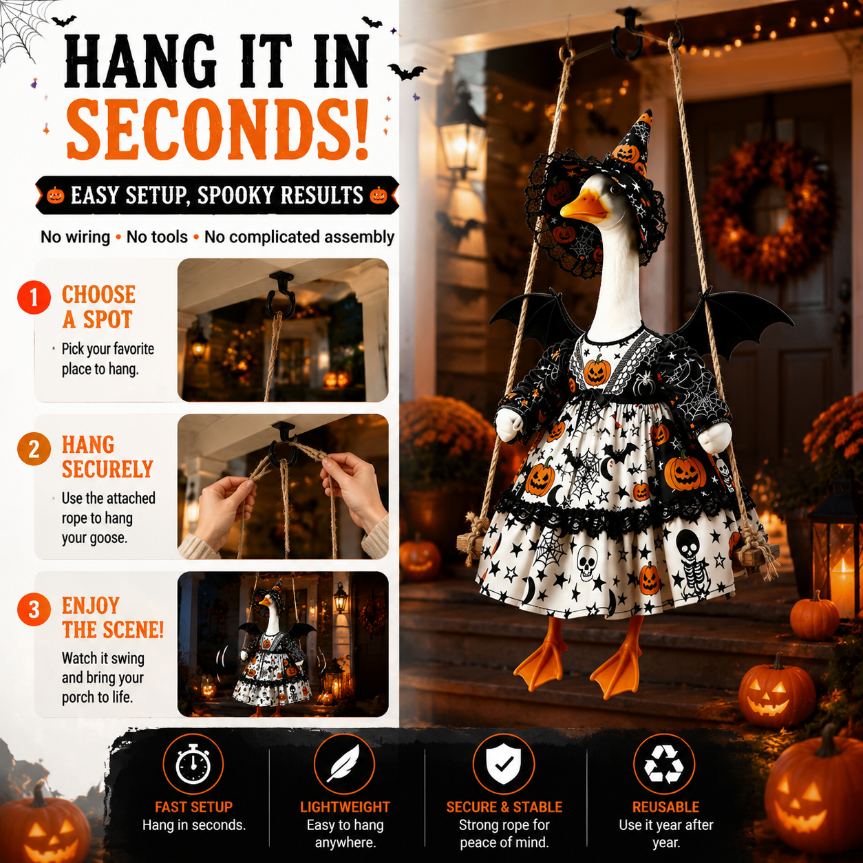 🎃 Halloween Porch Goose Outfit – Witch Goose Costume with Hat & Wings for 23" Lawn Goose