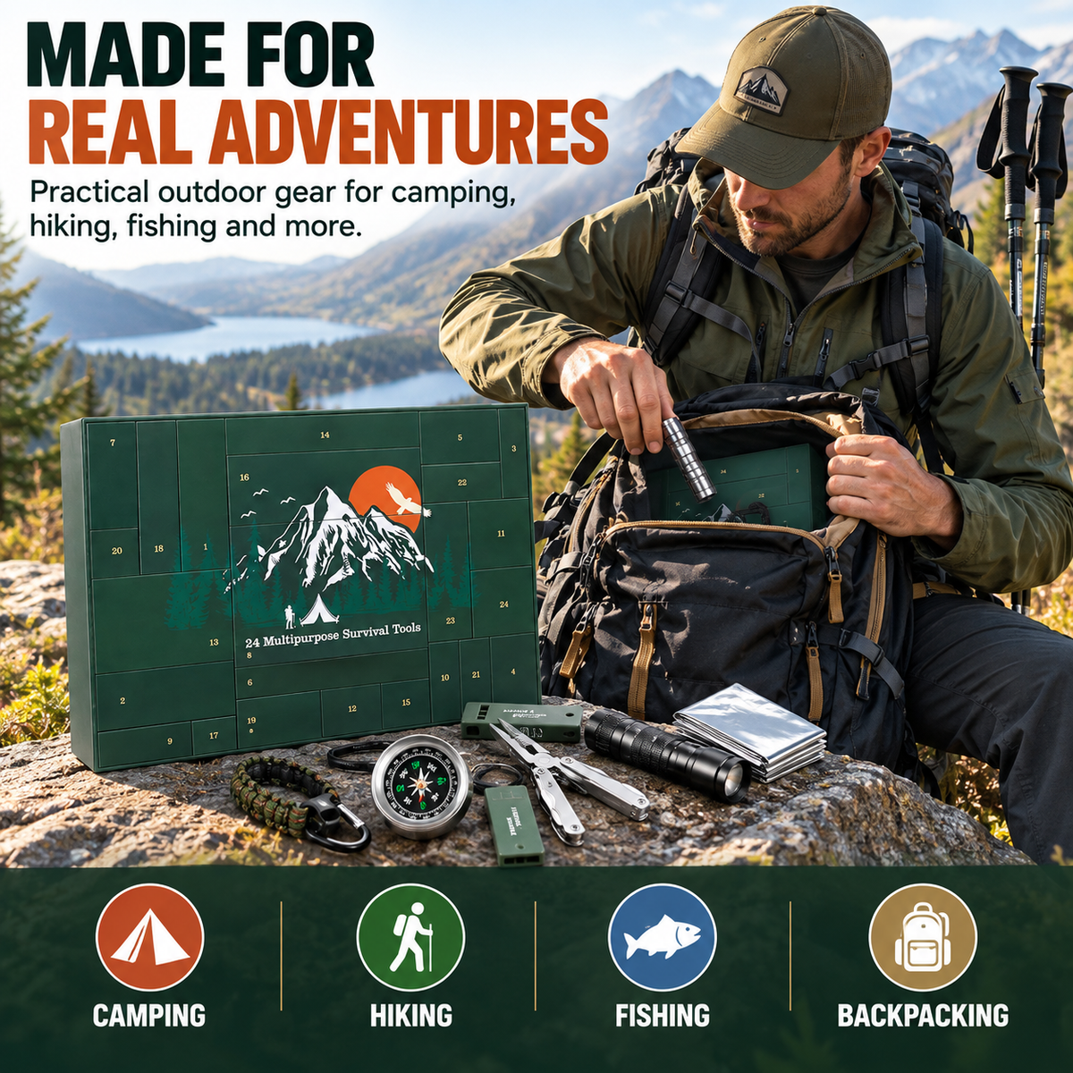 🏕️ OUTDOOR LOVER FAVORITE | 24-Piece Camping Gear Advent Calendar – Christmas Countdown Gift for Adults