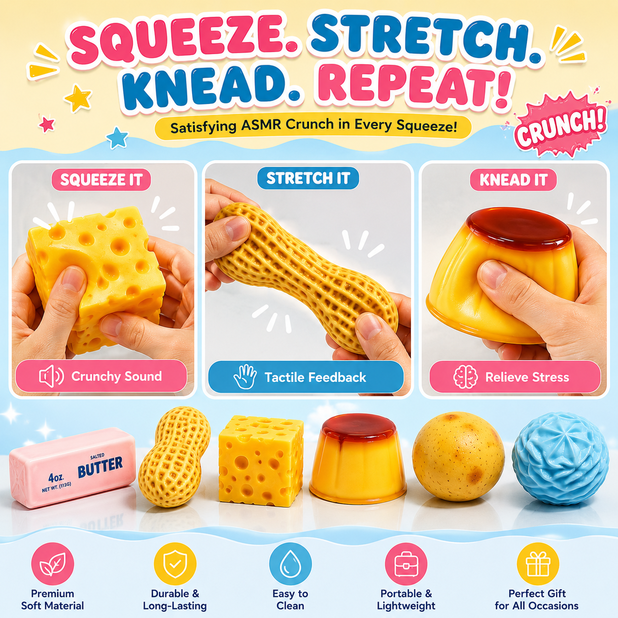 🔥 VIRAL-STYLE PICK | Soft to Squish, Satisfying to Crunch – 6-Piece Food Squishy Set
