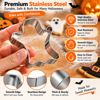 🎃 HOT SALE | 5-Piece Halloween Cookie Cutter Set – Stainless Steel Bat, Pumpkin, Ghost, Cat & Witch Hat Shapes