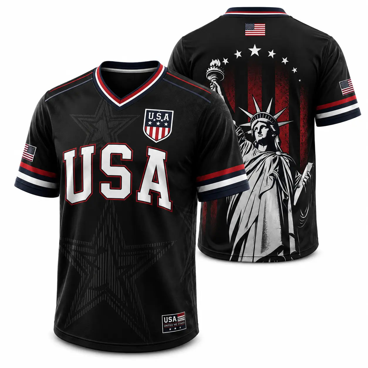 USA Soccer Jersey Men Women Navy Patriotic American Flag Football Shirt Statue of Liberty Graphic V Neck Sports Tee Red White Blue Stars Stripes Short Sleeve Athletic Top 4th of July Independence Day Fan ApparelUSA Soccer Jersey Men Women Navy Patriotic A