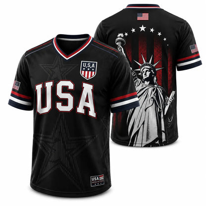 USA Soccer Jersey Men Women Navy Patriotic American Flag Football Shirt Statue of Liberty Graphic V Neck Sports Tee Red White Blue Stars Stripes Short Sleeve Athletic Top 4th of July Independence Day Fan ApparelUSA Soccer Jersey Men Women Navy Patriotic A