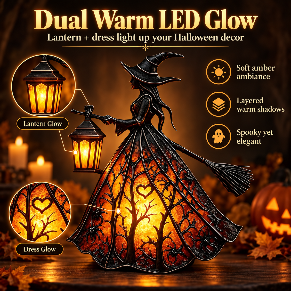 🧙‍♀️ HOT SALE | 7-Inch Lighted Gothic Witch Lantern – Warm LED Halloween Figurine for Mantel, Shelf & Table Decor