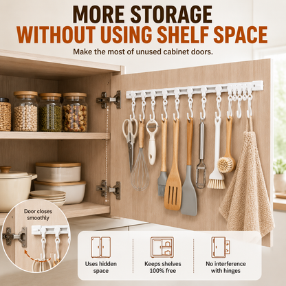 🧰 No-Drill Sliding Rail Hook Organizer – 10 Adjustable Cabinet Hooks
