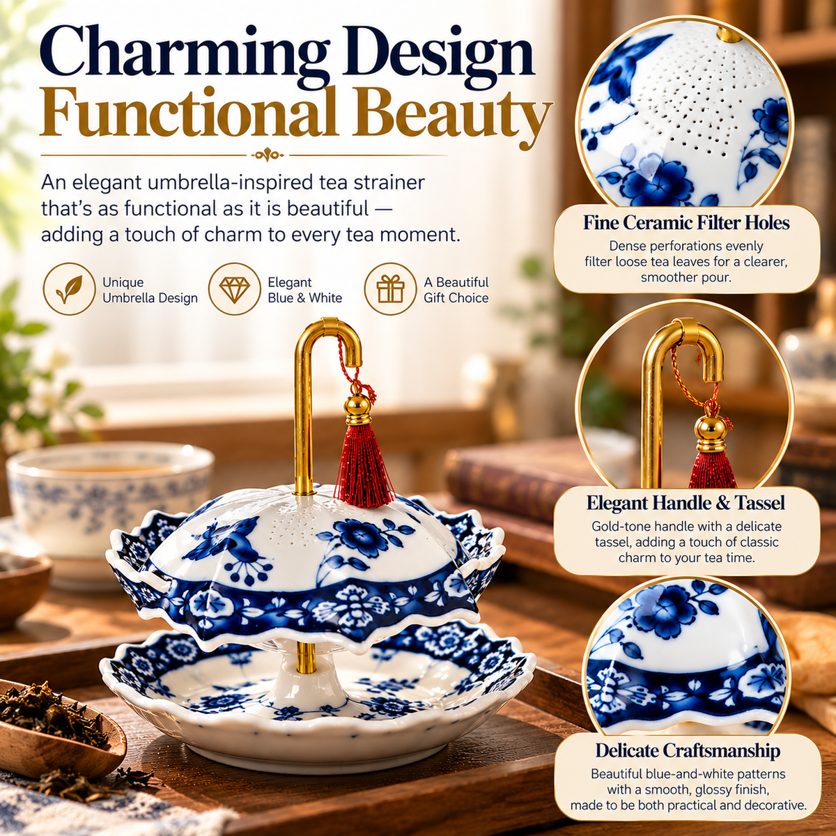 🍵 Ceramic Tea Strainer with Saucer – Blue & White Umbrella Loose Leaf Tea Filter