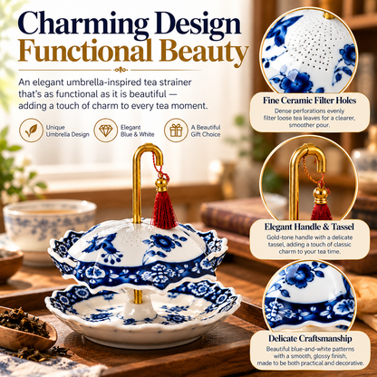 🍵 Ceramic Tea Strainer with Saucer – Blue & White Umbrella Loose Leaf Tea Filter