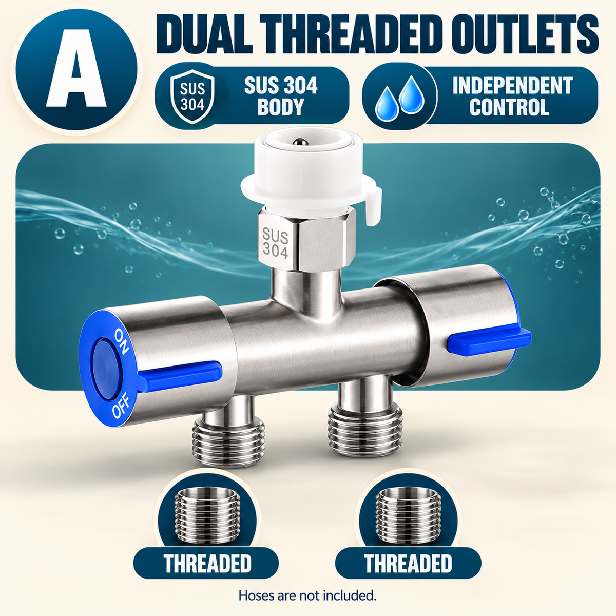 🚿 SUS 304 Dual-Control Faucet Splitter – 2-Way Hose & Washing Machine Adapter