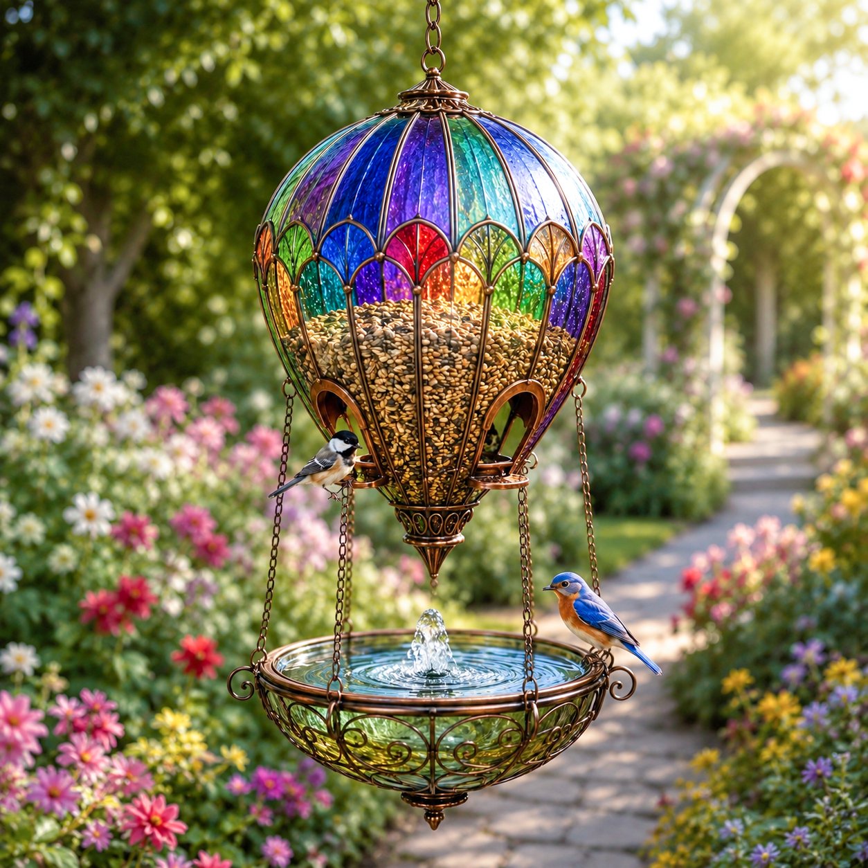 Stained Glass Hot Air Balloon Bird Feeder Fountain🐦
