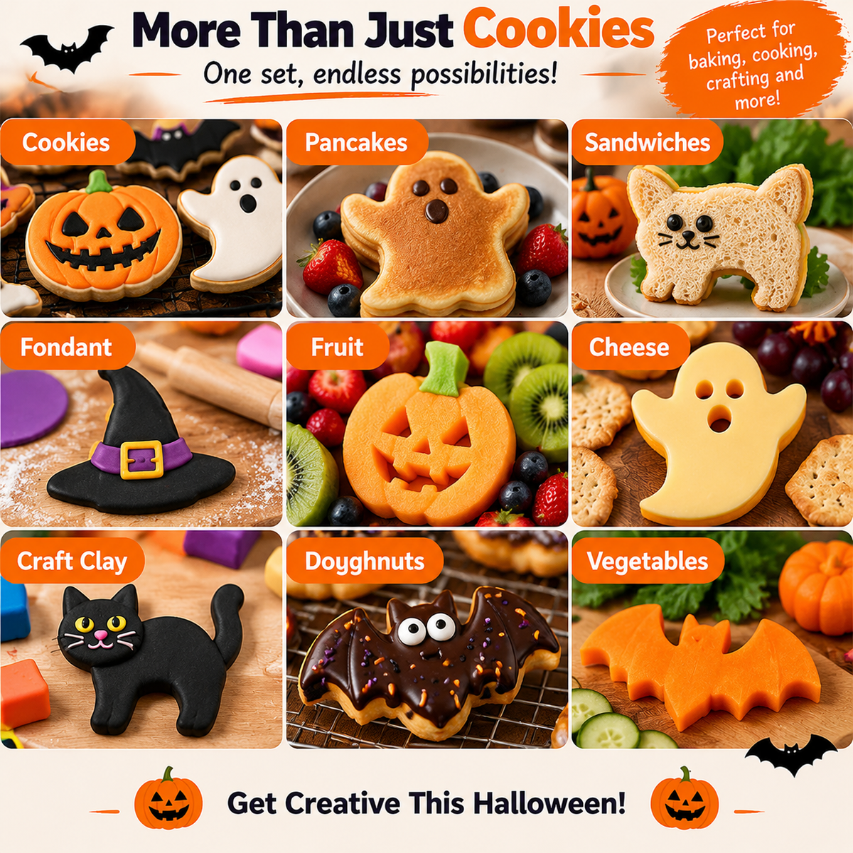 🎃 HOT SALE | 5-Piece Halloween Cookie Cutter Set – Stainless Steel Bat, Pumpkin, Ghost, Cat & Witch Hat Shapes