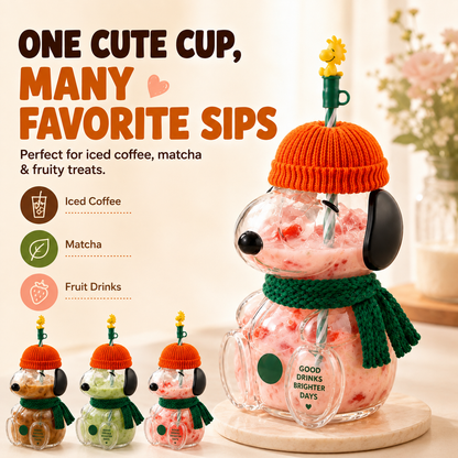 🥤 FALL FAVORITE   | Cute Character Cold Cup – 3D Glass Tumbler with Straw for Iced Coffee, Matcha & Cold Drinks
