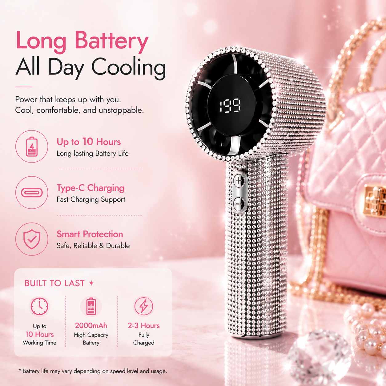 Crystal Rhinestone Portable Fan – 199-Speed Rechargeable Handheld Cooling Fan