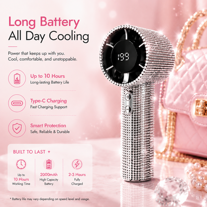 Crystal Rhinestone Portable Fan – 199-Speed Rechargeable Handheld Cooling Fan