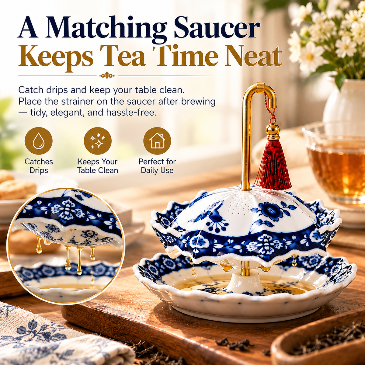 🍵 Ceramic Tea Strainer with Saucer – Blue & White Umbrella Loose Leaf Tea Filter