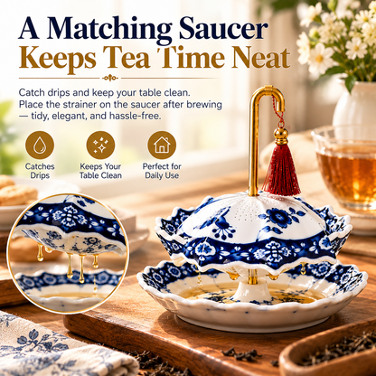 🍵 Ceramic Tea Strainer with Saucer – Blue & White Umbrella Loose Leaf Tea Filter