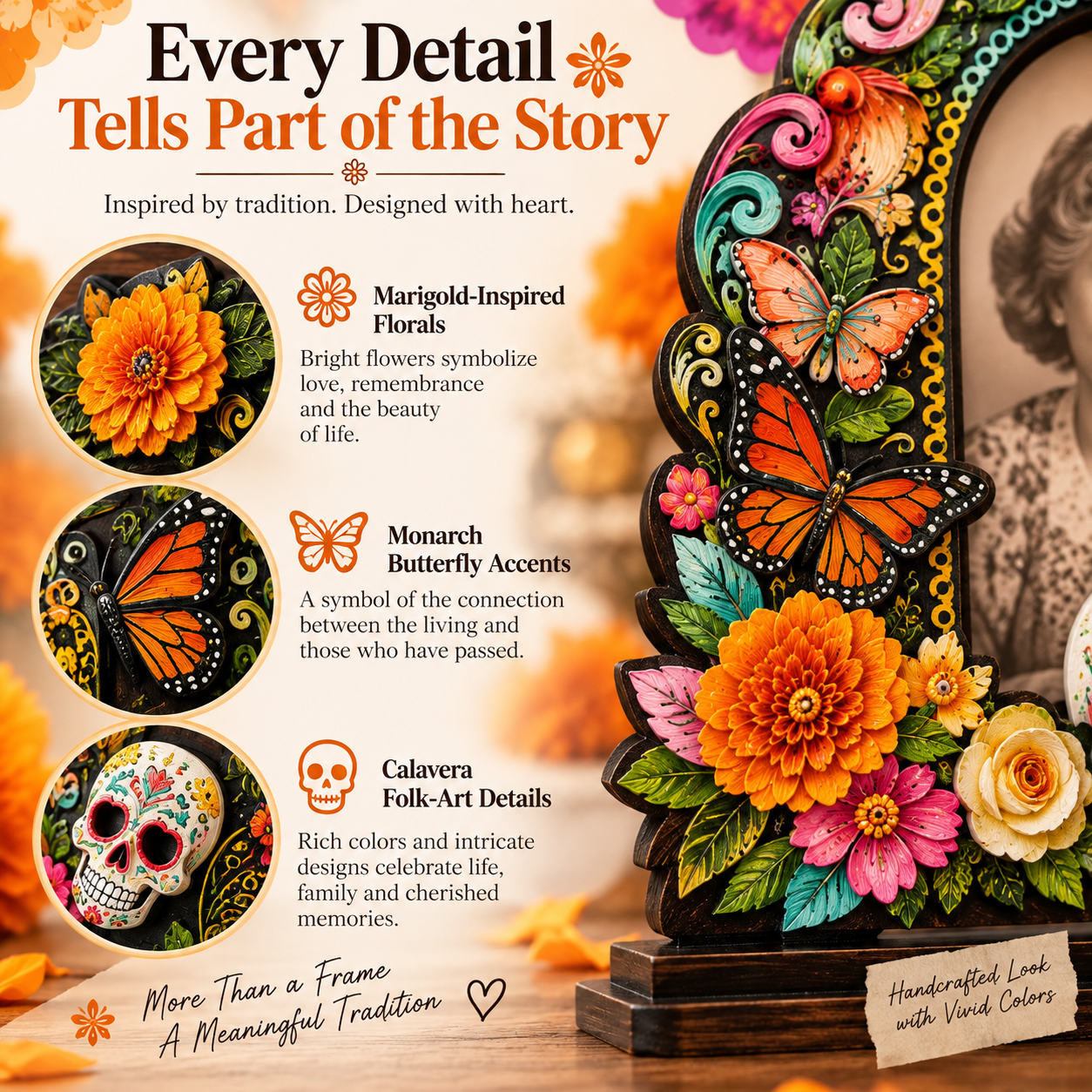 💀 DAY OF THE DEAD DECOR | 6 Wooden Memorial Photo Frames – Colorful Ofrenda Picture Frame Set with Floral Details