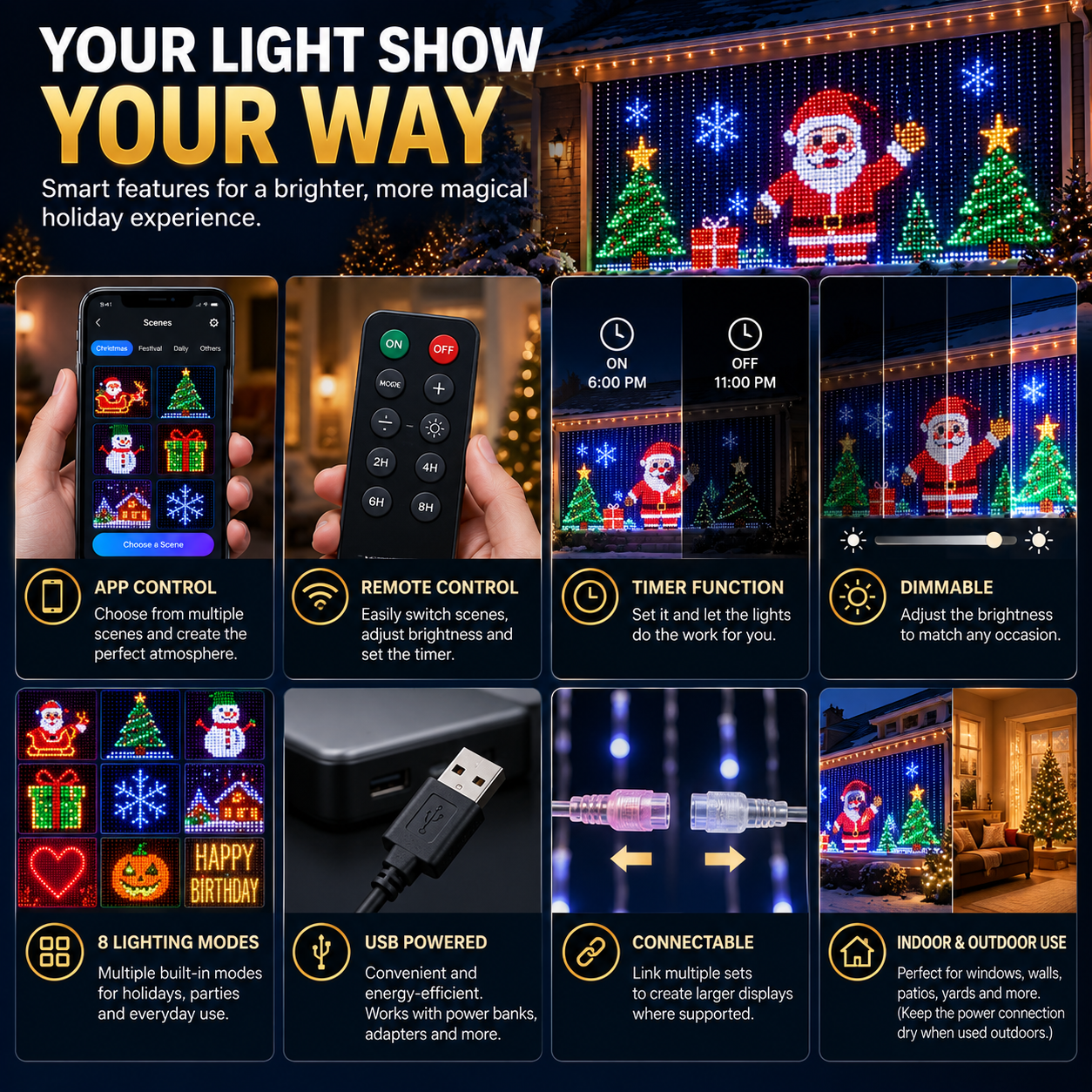 📱 SMART CHRISTMAS LIGHTS | App Controlled LED Curtain – Animated Pixel Display for Windows, Walls & Holiday Decor