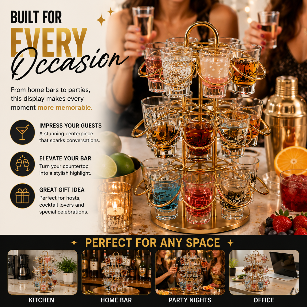 🎉 PARTY FAVORITE | Rotating Shot Glass Display Tower – 3-Tier 360° Holder for Home Bar & Entertaining