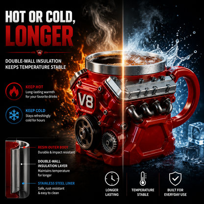V8 Engine Coffee Mug – Unique Engine Shaped Coffee Mug for Car Lovers Gift