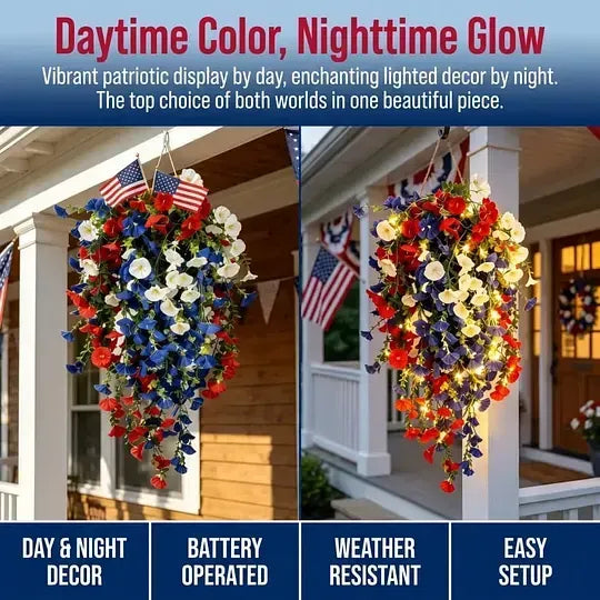 America 250th Anniversary Patriotic Hanging Flowers With LED Lights
