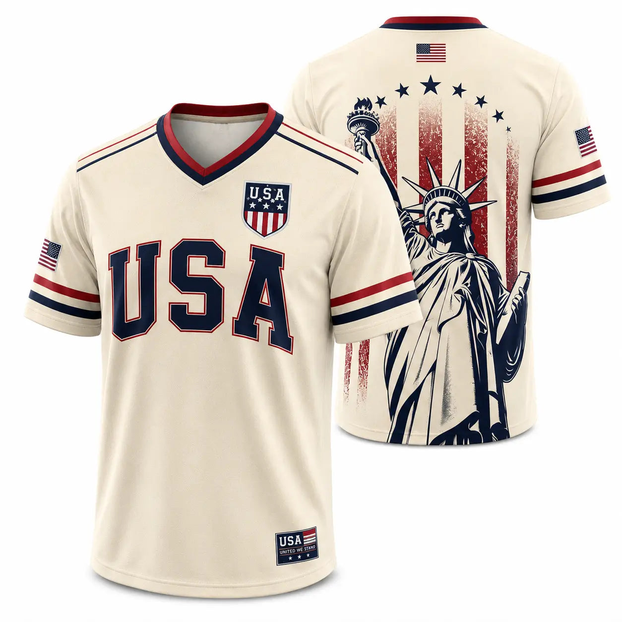 USA Soccer Jersey Men Women Navy Patriotic American Flag Football Shirt Statue of Liberty Graphic V Neck Sports Tee Red White Blue Stars Stripes Short Sleeve Athletic Top 4th of July Independence Day Fan ApparelUSA Soccer Jersey Men Women Navy Patriotic A