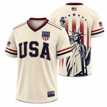 USA Soccer Jersey Men Women Navy Patriotic American Flag Football Shirt Statue of Liberty Graphic V Neck Sports Tee Red White Blue Stars Stripes Short Sleeve Athletic Top 4th of July Independence Day Fan ApparelUSA Soccer Jersey Men Women Navy Patriotic A