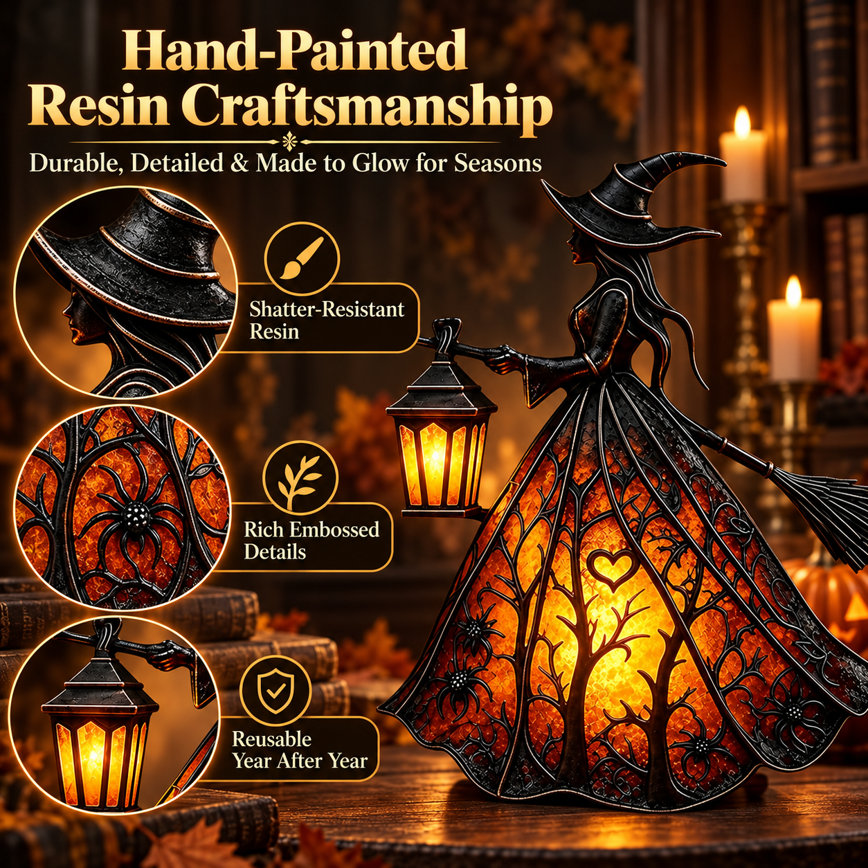 🧙‍♀️ HOT SALE | 7-Inch Lighted Gothic Witch Lantern – Warm LED Halloween Figurine for Mantel, Shelf & Table Decor