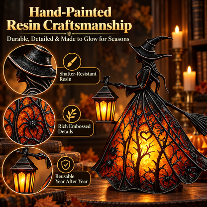 🧙‍♀️ HOT SALE | 7-Inch Lighted Gothic Witch Lantern – Warm LED Halloween Figurine for Mantel, Shelf & Table Decor