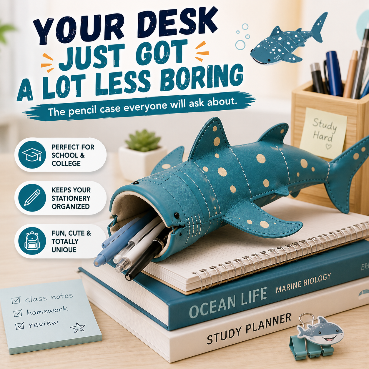 🌊 OCEAN LOVER FAVORITE | 3D Whale Shark Storage Pouch – Cute Desk Organizer, Pencil Case & Eyewear Holder