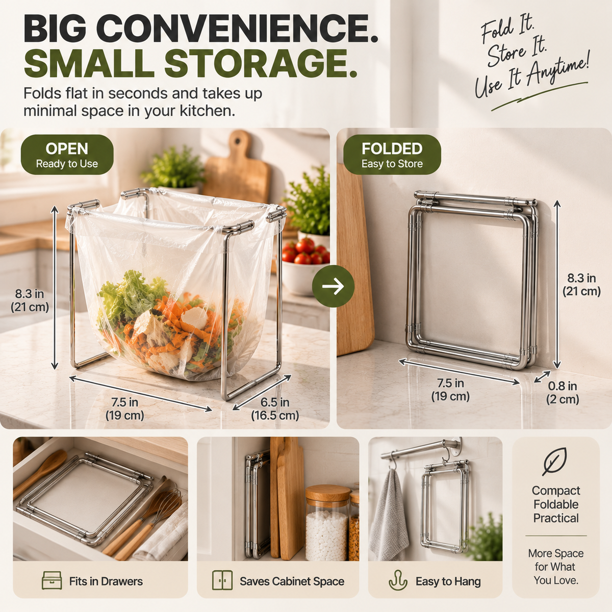 🗑️ HOT SALE | Foldable Countertop Trash Bag Holder – Stainless Steel Kitchen Waste Rack for Grocery Bags & Food Scraps