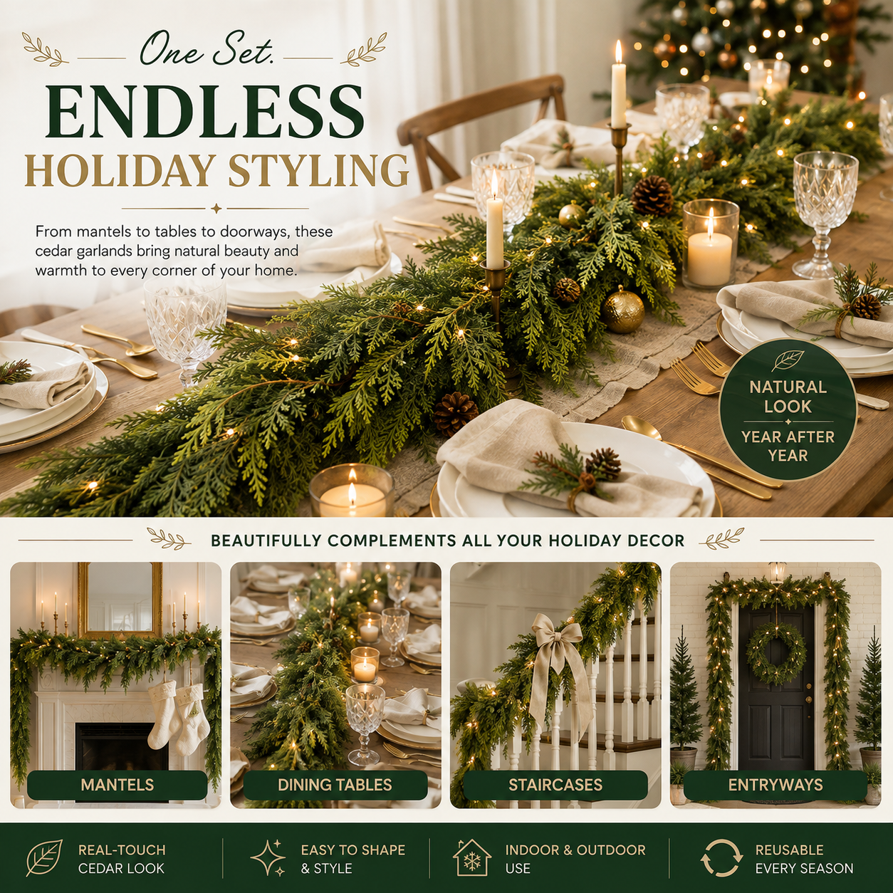 🏠 CHRISTMAS FAVORITE | Artificial Cedar Garland 2-Pack – 6 FT Faux Greenery for Mantels, Tables, Stairs & Walls