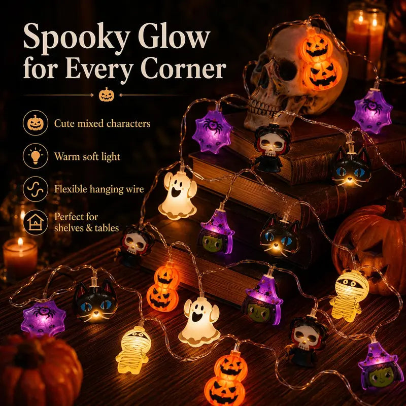 🎃 Halloween Character LED String Lights – 20 LEDs, 8 Modes & Timer