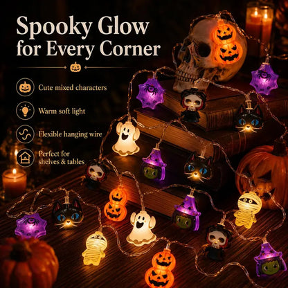 🎃 Halloween Character LED String Lights – 20 LEDs, 8 Modes & Timer