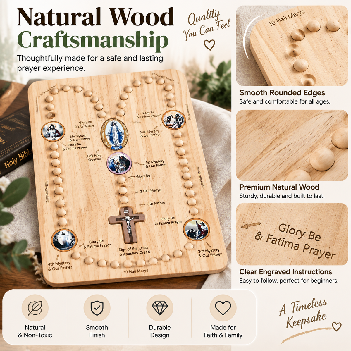 👨‍👩‍👧 FAMILY ROSARY PRAYER KIT | Wooden Prayer Board for Children & Adults with Beads and Guided Prayer Path