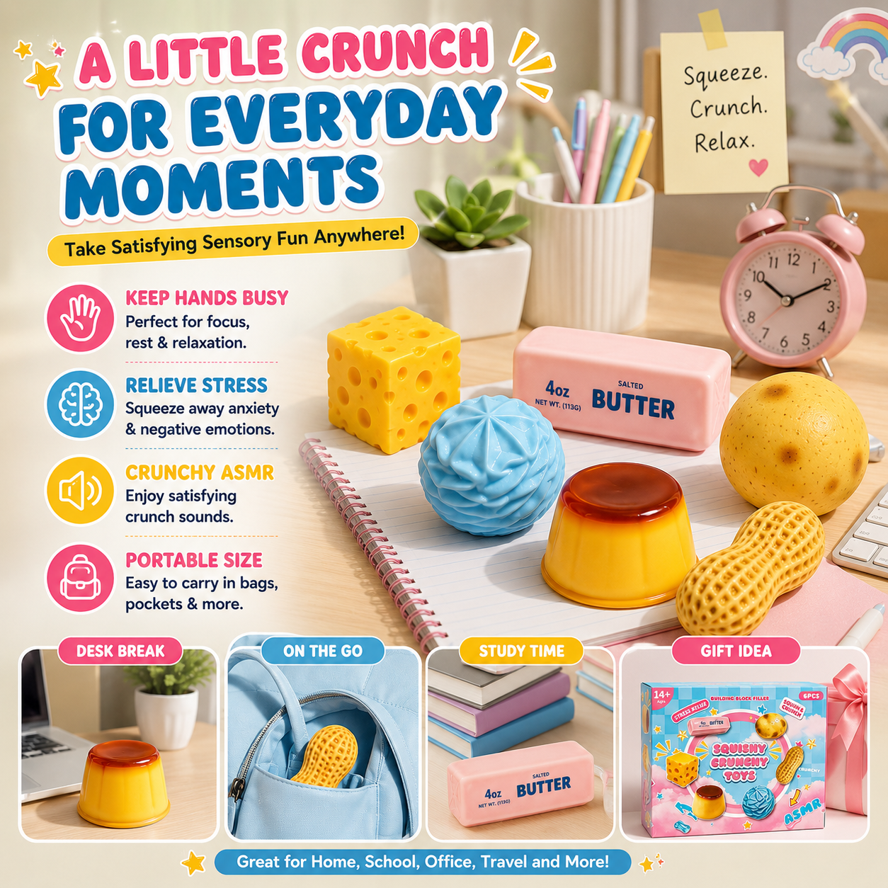 🔥 VIRAL-STYLE PICK | Soft to Squish, Satisfying to Crunch – 6-Piece Food Squishy Set