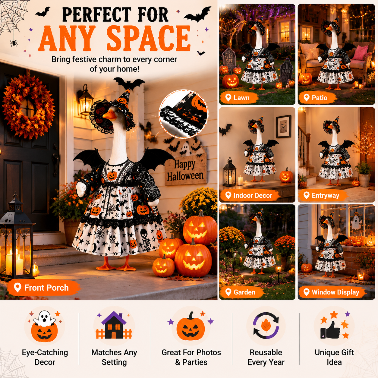 🎃 Halloween Porch Goose Outfit – Witch Goose Costume with Hat & Wings for 23" Lawn Goose