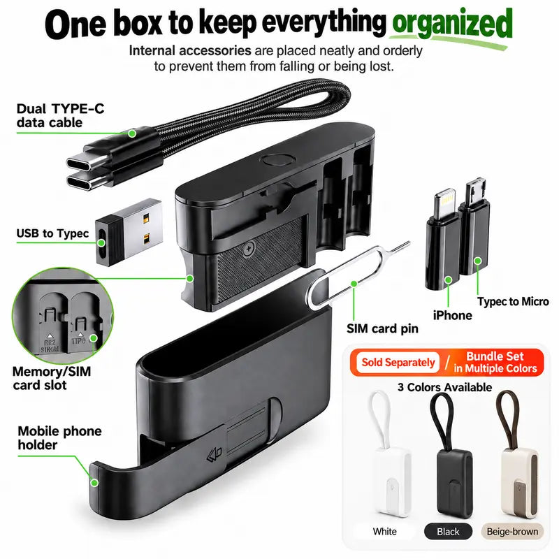 🔌 Pocket Travel Cable Kit – USB-C Cable, 3 Adapters, SIM/TF Storage & Phone Stand