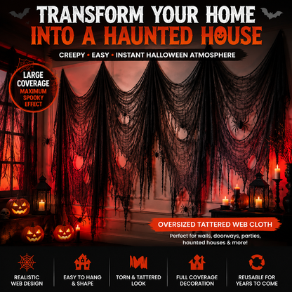 🕸️ Halloween Haunted House Web Cloth | Large Black Tattered Hanging Decoration for Spooky Party & Home Makeover