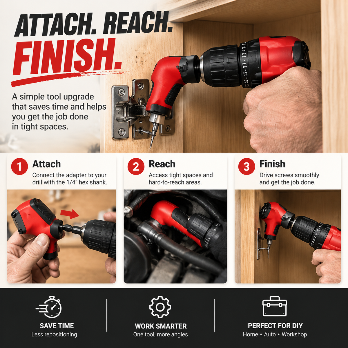 ⚙️ TIGHT SPACE DRILL ADAPTER | 90 Degree Right Angle Attachment for Drills & Screwdrivers with 1/4" Hex Shank