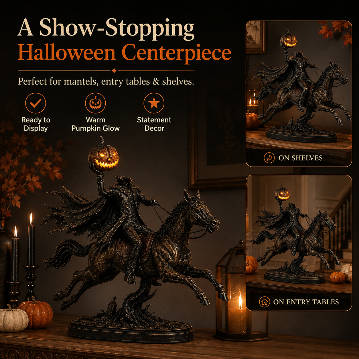 🎃 HOT SALE | Lighted Headless Horseman Statue – LED Pumpkin Halloween Decor for Mantel, Desk & Home