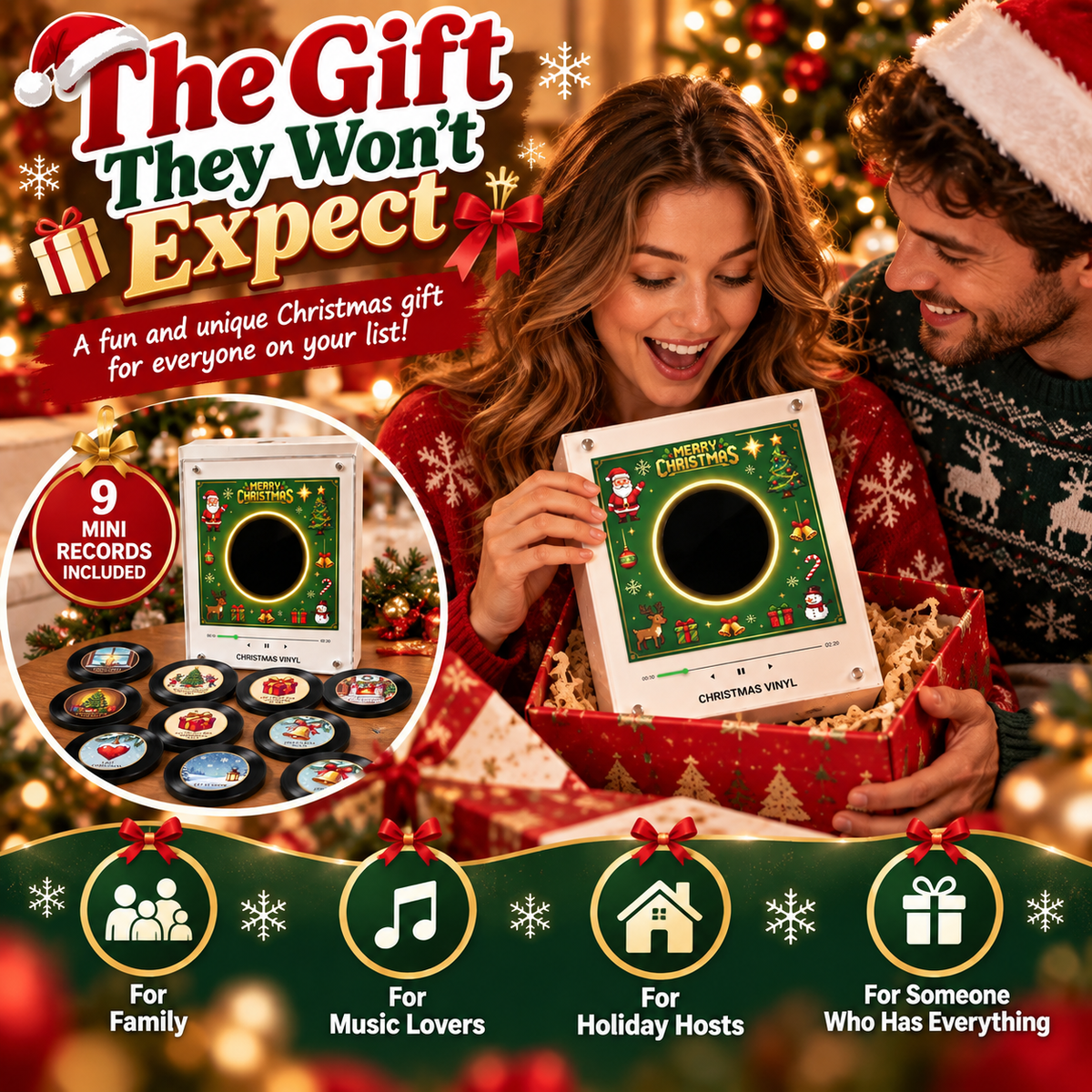 Christmas Music Fridge Decor 🎄 Interactive Mini Record Player with 9 Holiday Records