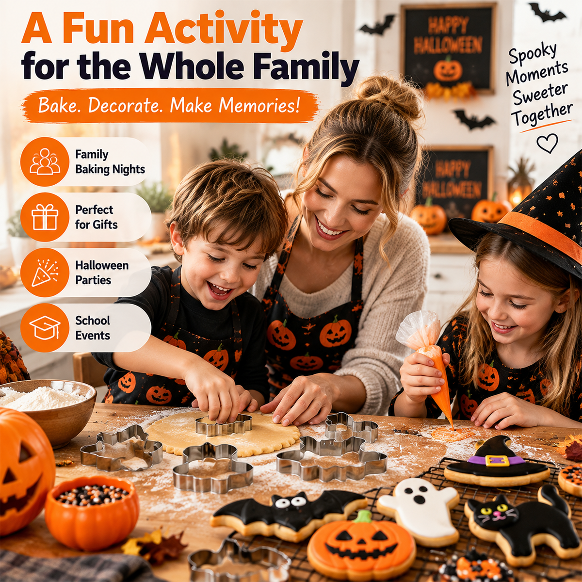 🎃 HOT SALE | 5-Piece Halloween Cookie Cutter Set – Stainless Steel Bat, Pumpkin, Ghost, Cat & Witch Hat Shapes