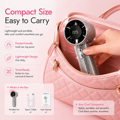 Crystal Rhinestone Portable Fan – 199-Speed Rechargeable Handheld Cooling Fan