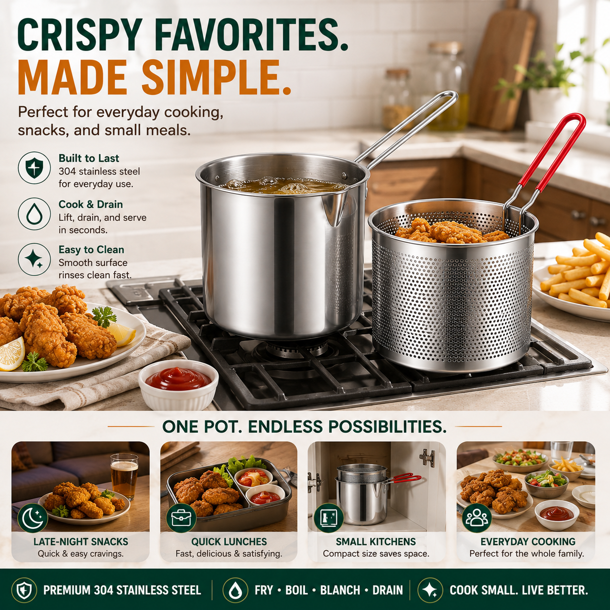 🍟 Personal Mini Deep Fryer Set – Stainless Steel Pot with Lift-Out Draining Basket & Food Tongs