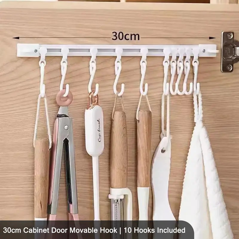 🧰 No-Drill Sliding Rail Hook Organizer – 10 Adjustable Cabinet Hooks