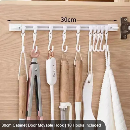 🧰 No-Drill Sliding Rail Hook Organizer – 10 Adjustable Cabinet Hooks